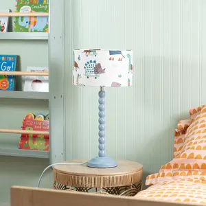 Powder Blue Bobbin Stem Table Lamp with Cartoon Dino Drum Shade for Living Room Bedroom