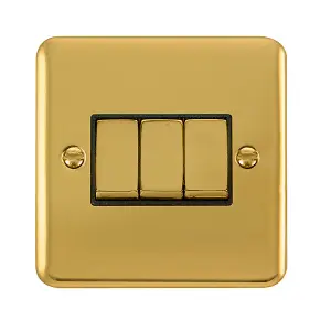 Curved Polished Brass 10A 3 Gang 2 Way Ingot Light Switch - Black Trim - SE Home