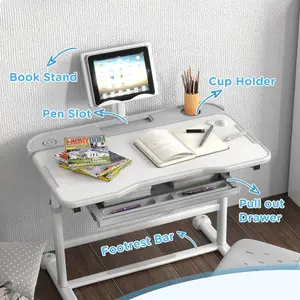 AIYAPLAY Height Adjustable Kids Desk and Chair Set w/ Tilted Desktop - Grey