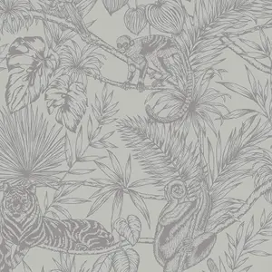 Grey Silver Tropical Monkey Tiger Parrot Glitter Leaf Textured Wallpaper