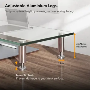 VonHaus XL Glass Monitor Stand for Desks - Height Adjustable Screen Riser - Large Dual Monitor Riser - Glass with Aluminium Legs