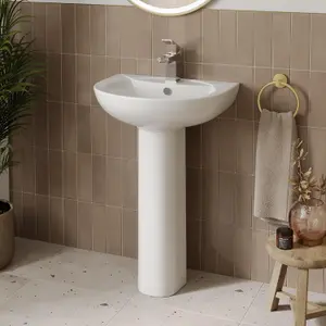 Curved Bathroom Wash Basin Sink Full Pedestal Floorstanding 1 Tap Hole Ceramic Modern Gloss White