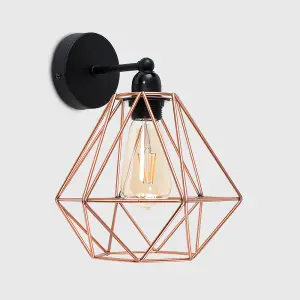 ValueLights Cambourne Industrial Satin Black Pipework Single Wall Light with Copper Metal Cage Light Shade