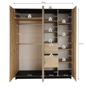 Grand Ines 10 Hinged Wardrobe - Majestic Oak Artisan & Black - W1800mm x H2150mm x D600mm