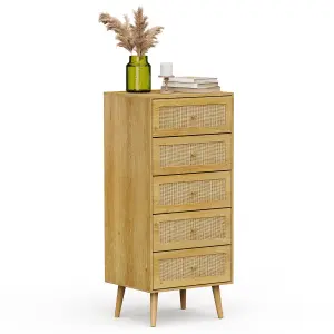 VonHaus Tall Chest of Drawers for Bedroom - Scandi Style Natural Rattan 5 Drawer Slim Chest of Drawers - Tall Drawers for Bedroom