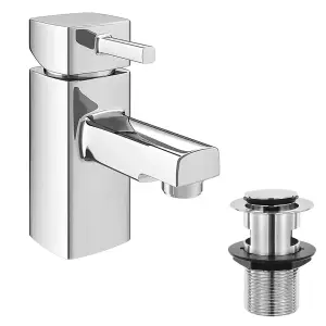 Bathroom Basin Sink Tap Single Lever Mono Mixer, Cube Design Brass Faucet with Push Waste Plug