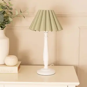 ValueLights Victoria White Wood Candlestick Stem Table Lamp with Sage Green Scallop Tapered Lamp Shade