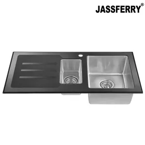 JASSFERRY Black Glass Top Kitchen Sink Stainless Steel 1.5 Deep Bowl Left Hand Drainer with Draining Groove