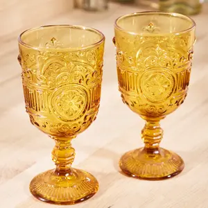 Set of 8 Vintage Luxury Amber Embossed Drinking Wine Glass Goblets Gifts Ideas 300ml