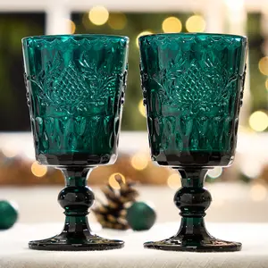 Set of 2 Luxury Embossed Dark Green Drinking Wine Glass Wine Goblets 290ml