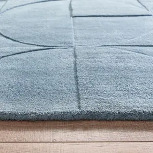 Blue Geometric Wool Handmade , Luxurious , Modern , Optical/ (3D) Easy to clean Living Room and Bedroom Rug-200cm X 290cm