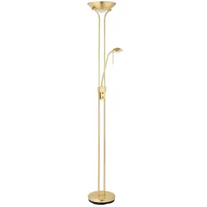 Mother & Child Floor Lamp Satin Brass 1.8m Twin Light Dimmer Flexible Reading