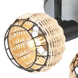 First Choice Lighting Set of 2 Goa Black and Natural Rattan 3 Light Ceiling Spotlight Plates