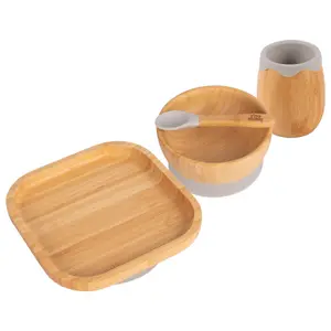 Tiny Dining - Square Bamboo Suction Baby Feeding Set - Grey - 4pc