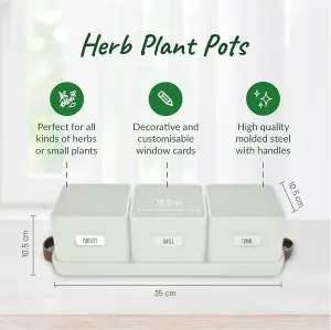 Herb Pots Set - 3 Warm Stone Planters with Leather Handled Tray for Indoor Herb Garden - Labels Included