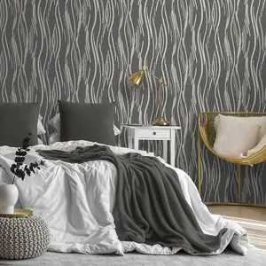 Shimmer Wave Wallpaper Black / Gold World of Wallpaper AF0023