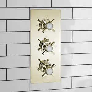 ENKI Edwardian English Gold Crosshead 2-Outlet Solid Brass Thermostatic Triple Shower Valve TSV054