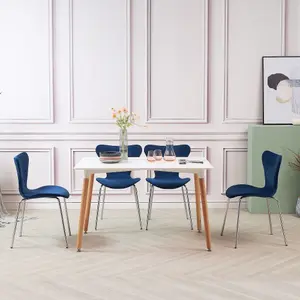 White Rectangular Dining Table with 4 pcs of Navy Velvet Stackable Chairs