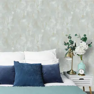 Grandeco Pikly Distressed Shimmer Rustic Artisan Plaster effect Wallpaper, Teal Grey Gold