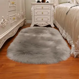 Grey Oval Super Soft Shaggy Longhair Area Rug Kids Room Decor Chair Sofa Cover Seat Pad 60 x 90 cm