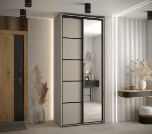 Elegant Dakota V Sliding Door Wardrobe W1200mm H2350mm D600mm with Mirrored Door in Cashmere & Black Finish