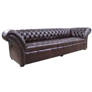 Chesterfield 4 Seater Sofa Buttoned Seat Old English Dark Brown Leather In Balmoral Style