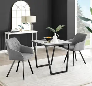 Furniturebox UK Carson White Marble Effect Square Dining Table & 2 Dark Grey Falun Black Leg Chairs