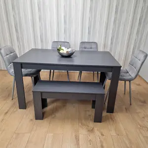 Dining Table and 4 Chairs With Bench Black Dark Grey 4 Grey Velvet Chairs Wooden Bench Wood Dining Set Furniture