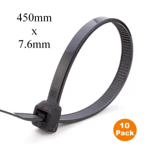 10 x Black Long Cable Ties 450mm x 7.6mm Wide Heavy Duty Nylon Zip Ties