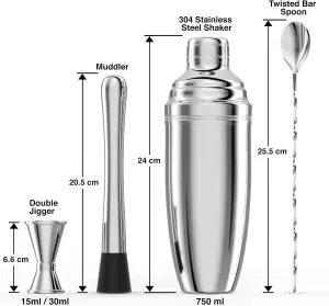 Bonicxane Cocktail Shaker Set Including 4 Pc Stainless Steel Cocktail Kit Pcs - 750ml