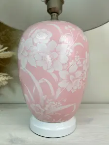 Pink Floral Ceramic Table Lamp with Pleated Shade