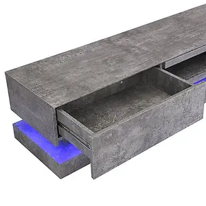 Step TV Stand With Storage for Living Room and Bedroom, 1800 Wide, LED Lighting, Media Storage, Concrete Effect Finish