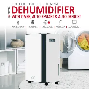 NETTA 20L Compact Dehumidifier - Digital Control Panel, Air Filter, Auto Restart, Low Energy 345W