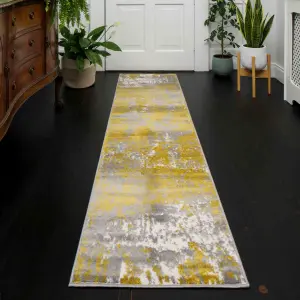 Ochre Grey Super Soft Distressed Abstract Runner Rug 60x240cm