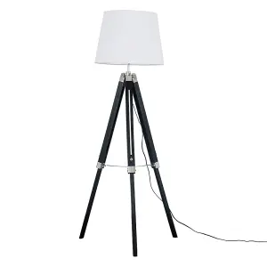 ValueLights Clipper Black Wood and Silver Chrome Tripod Floor Lamp with White Tapered Light Shade with 6w LED GLS Bulb