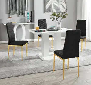 Furniturebox UK 4 Seater Dining Set - Imperia White High Gloss Dining Table and Chairs - 4 Black Gold Leg Milan Chairs