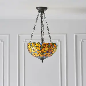 Medium Floral Pendant Ceiling Light - Tiffany Glass & Dark Bronze Finish - Dimmable LED