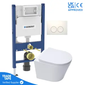 White Wall Hung Toilet Pan with Geberit Concealed Cistern Frame 98cm & Delta25 White Flush Plate