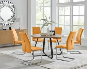 Furniturebox UK Santorini Brown Wood Effect Round Dining Table & 6 Mustard Lorenzo Chairs