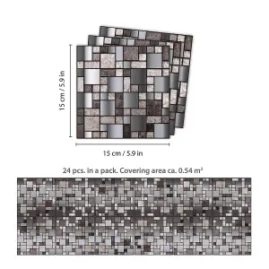 Walplus Metallic Silver Grey Stone Mosaic Wall Metallic Tile Sticker Set 24Pcs