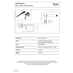 RAK Portofino Polished Chrome Modern Basin Wall Mounted Sink Mixer Tap Solid Brass