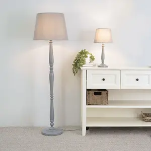 ValueLights Victoria Traditional Grey Wood Candlestick Table Lamp with Grey Tapered Shade - LED Bulb Included