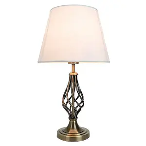 Traditional Antique Brass Table Lamp with Barley Twist Base and Linen Shade