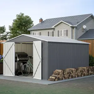 Birchtree 10X12FT Metal Garden Shed Apex Roof With Free Foundation Base Storage House Grey