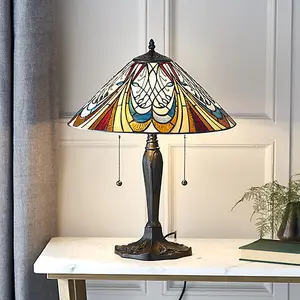 Luminosa Hector 2 Light Medium Table Lamp Dark Bronze, Tiffany Glass, E27