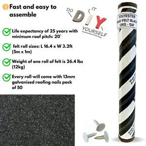 Heavy-Duty Black Polyester Shed Roofing Felt (5m x 1m) - With 13mm Pack of 50 Galvanized Nails - 25-Year Life Expectancy Roof Felt