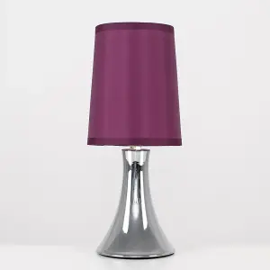 ValueLights Pair of - Small Chrome Touch Table Lamps with Purple Fabric Shades With 5w LED Dimmable Candle Bulbs In Warm White