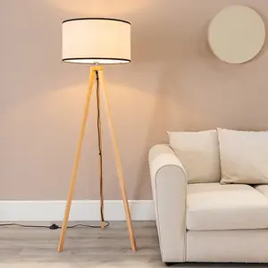 ValueLights Barbro Wooden Tripod Floor Lamp with Natural Linen with Black Trim Drum Shade and LED Bulb