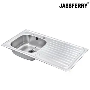 JASSFERRY Inset Stainless Steel Single Bowl Kitchen Sink Right Hand Drainer Two Pre-drilled Tap Hole, 930 x 480 mm