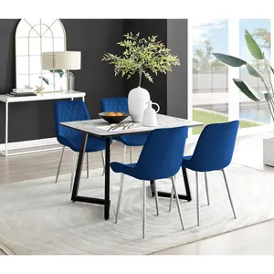 Industrial Design Grey & White Marble Effect Melamine Dining Table Set with 4 Luxury Velvet Chairs Navy/Silver